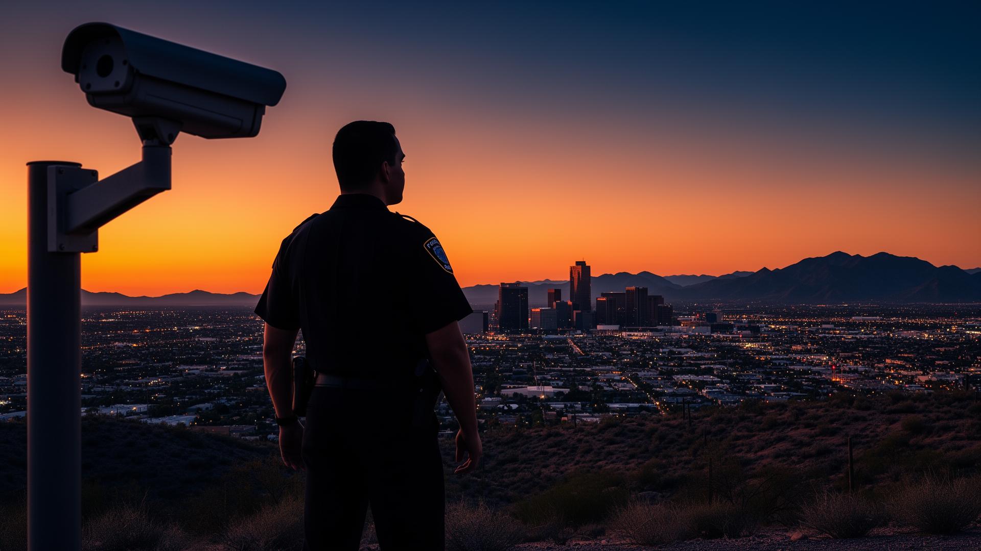 Security professional overlooking Tucson at dusk